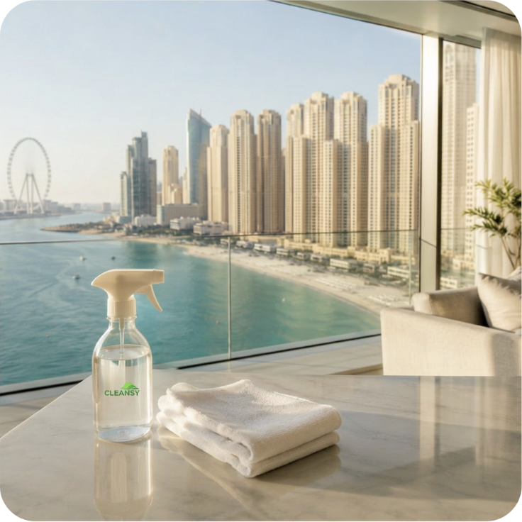 Eco-friendly cleaning products on a JBR apartment table overlooking the beach, Ain Dubai and JBR towers
