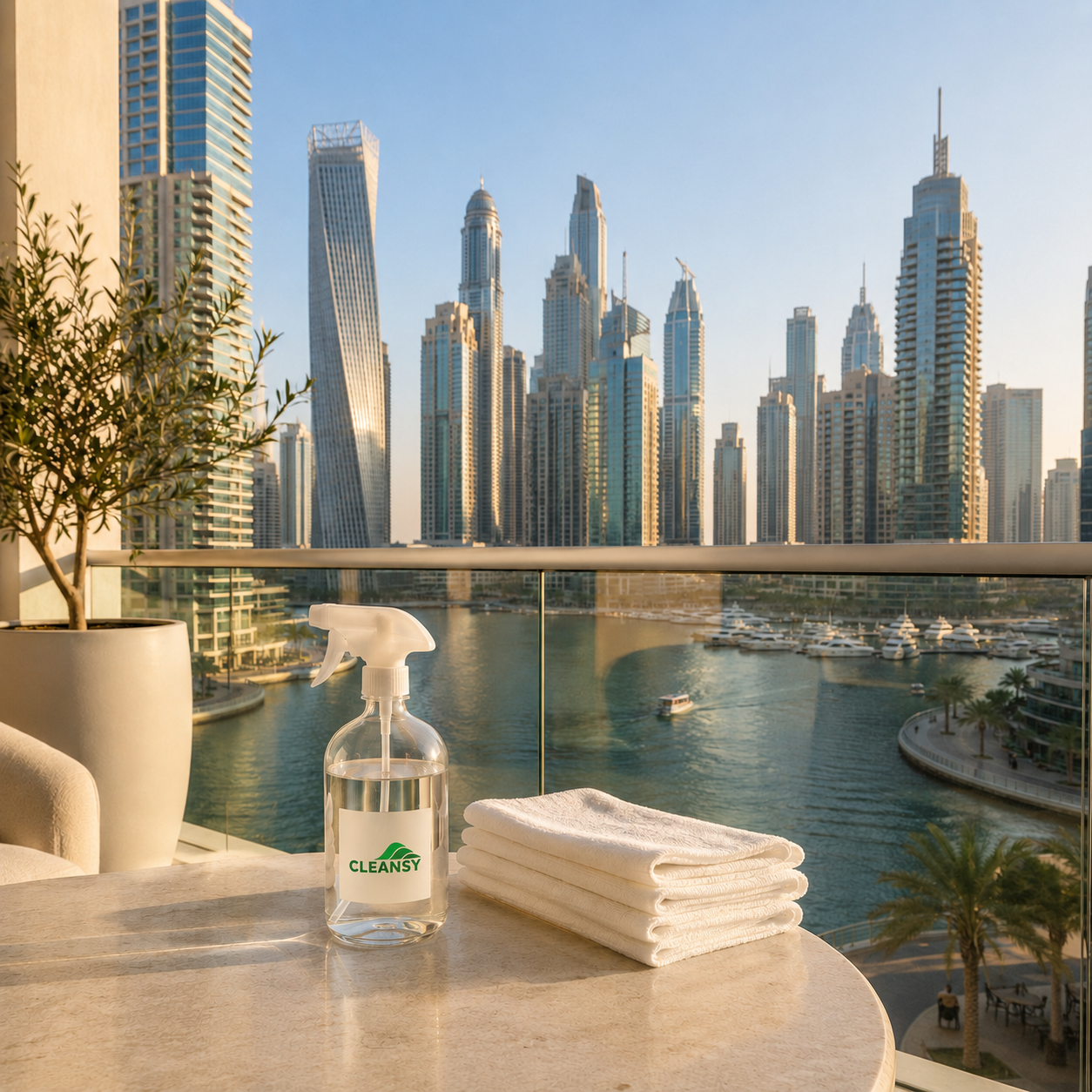 Eco-friendly cleaning products on a Dubai Marina apartment balcony with Marina waterfront view