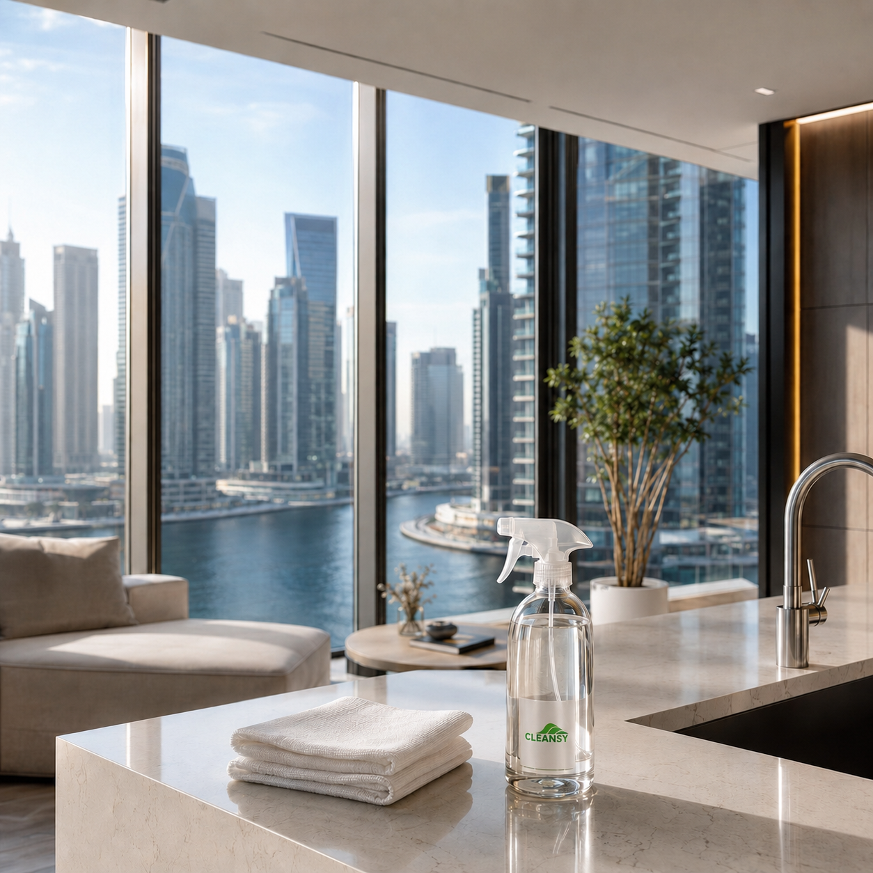 Eco-friendly cleaning products on a Business Bay apartment kitchen counter with canal and tower views