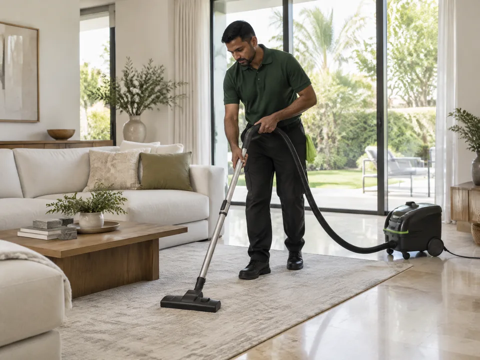 Cleaner vacuuming a bright villa living room beside garden-facing patio doors