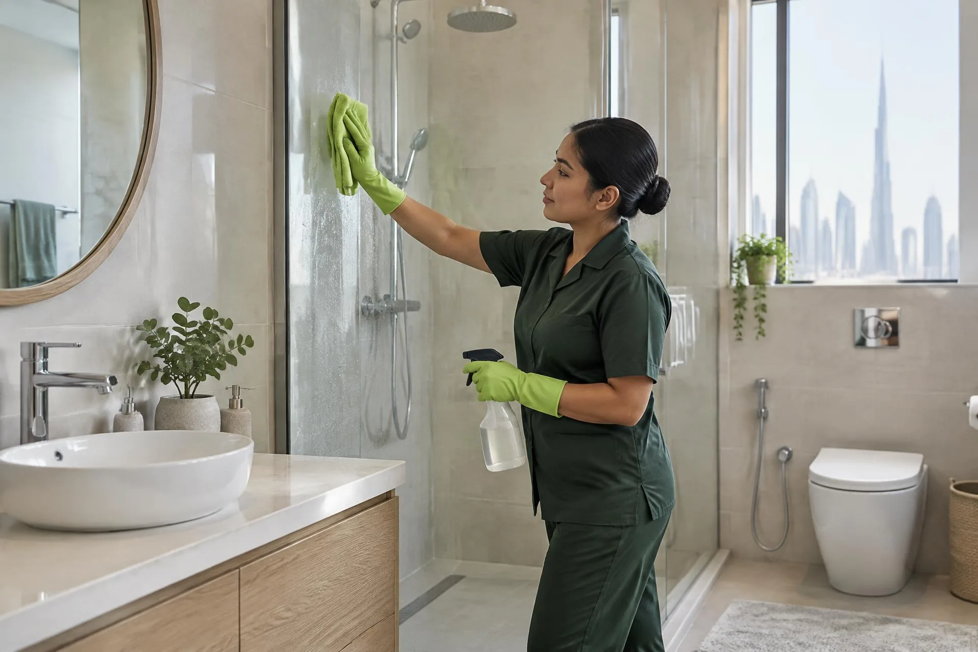 Cleaner wiping a glass shower enclosure in a bathroom