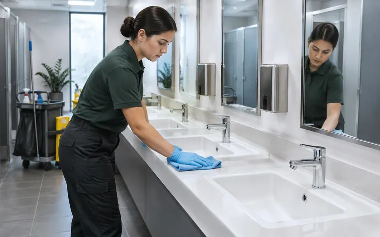 Cleaner wiping washbasins in a workplace washroom