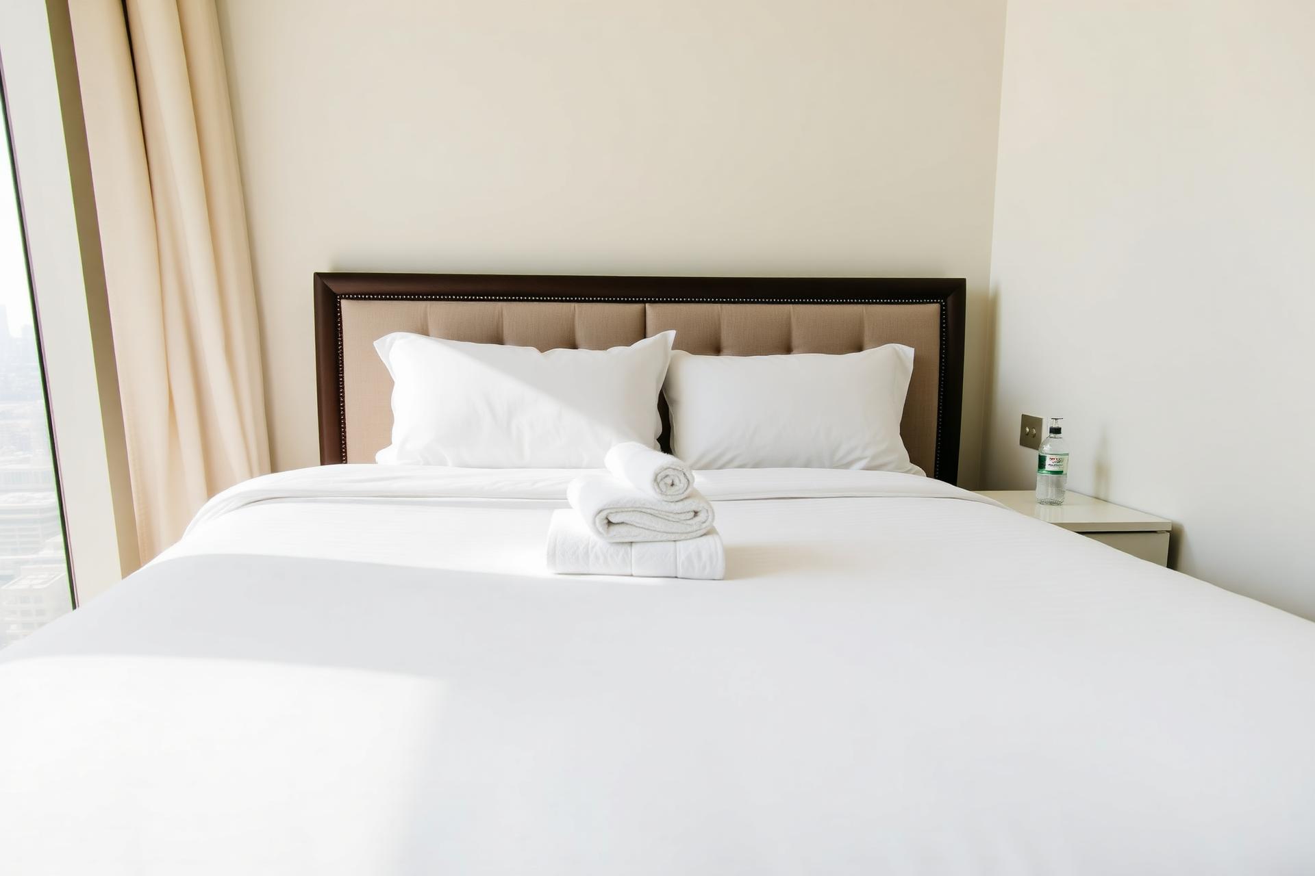 Hotel-style king bed in a Dubai short-term rental apartment freshly turned over with crisp white linen and folded towels