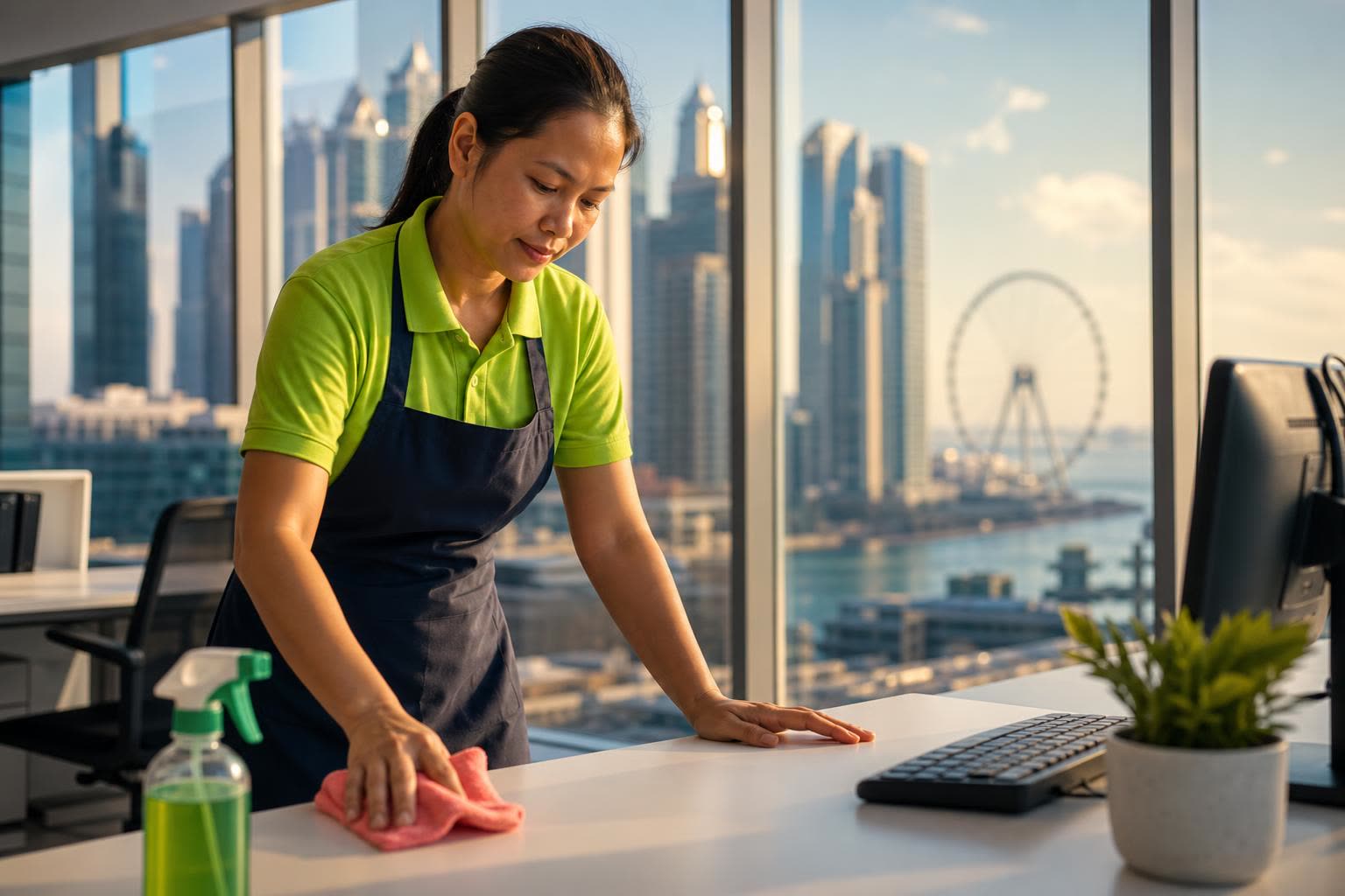 Cleansy Filipino woman cleaner in a lime-green polo and dark navy apron wiping a white office desk in a modern Dubai office with the Dubai Marina skyline and Ain Dubai visible through floor-to-ceiling windows