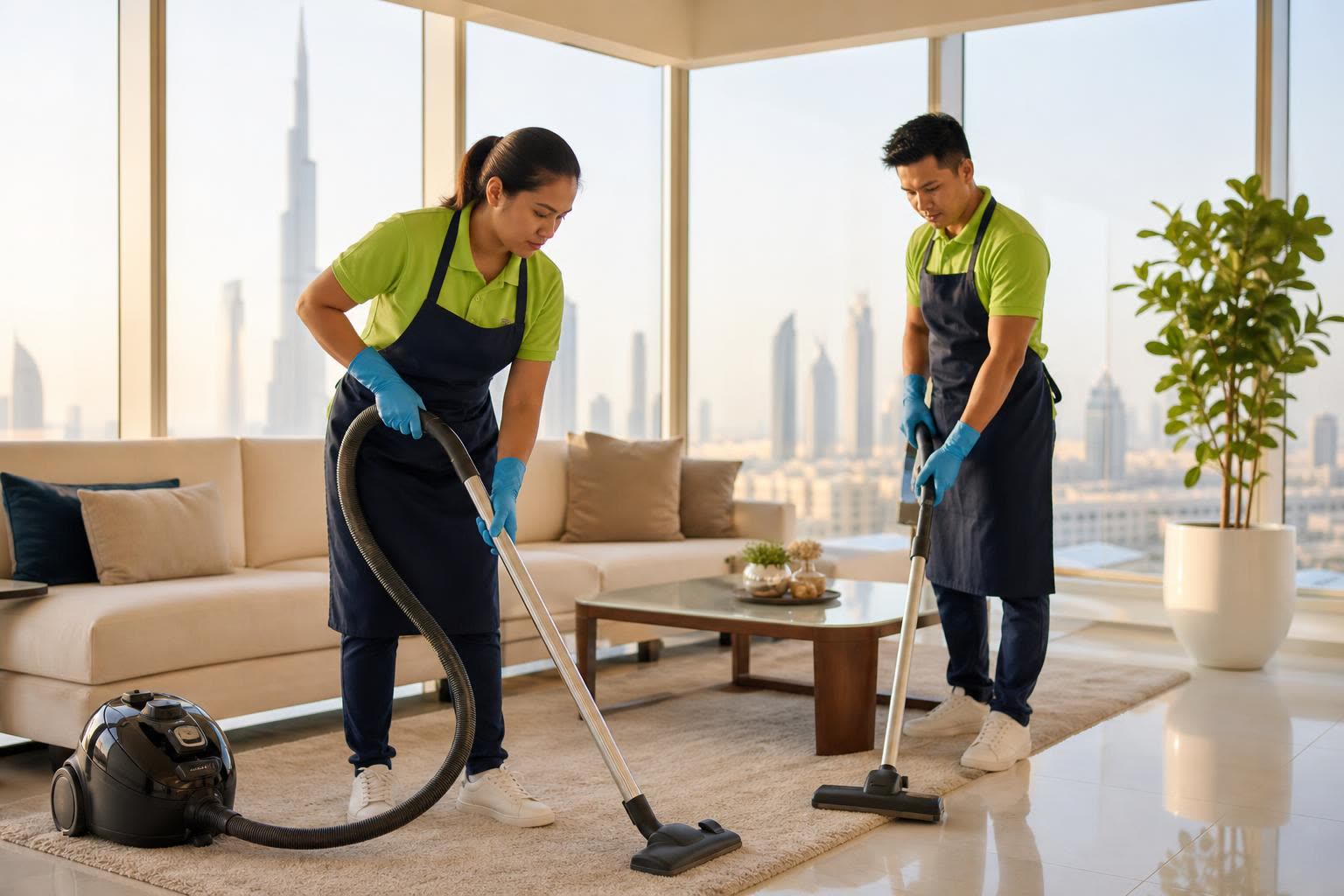 Cleansy Filipino woman cleaner and male cleaner in matching lime-green polos and dark navy aprons vacuuming a light rug in a bright modern Dubai living room with floor-to-ceiling windows