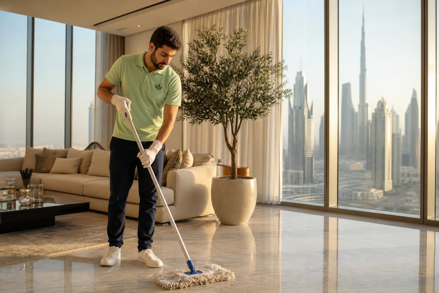Cleansy cleaner in a green uniform cleaning a bright Dubai apartment, illustrating cleaning service costs in Dubai