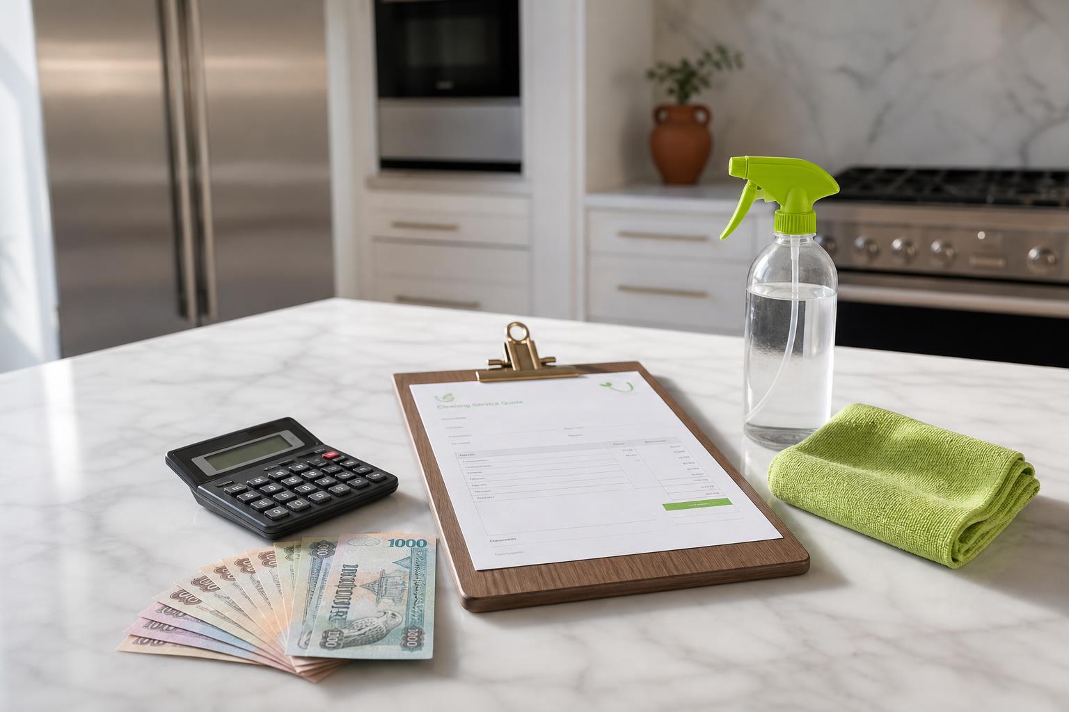 Calculator, AED banknotes and a cleaning price quote on a white marble kitchen counter next to a green spray bottle and microfiber cloth