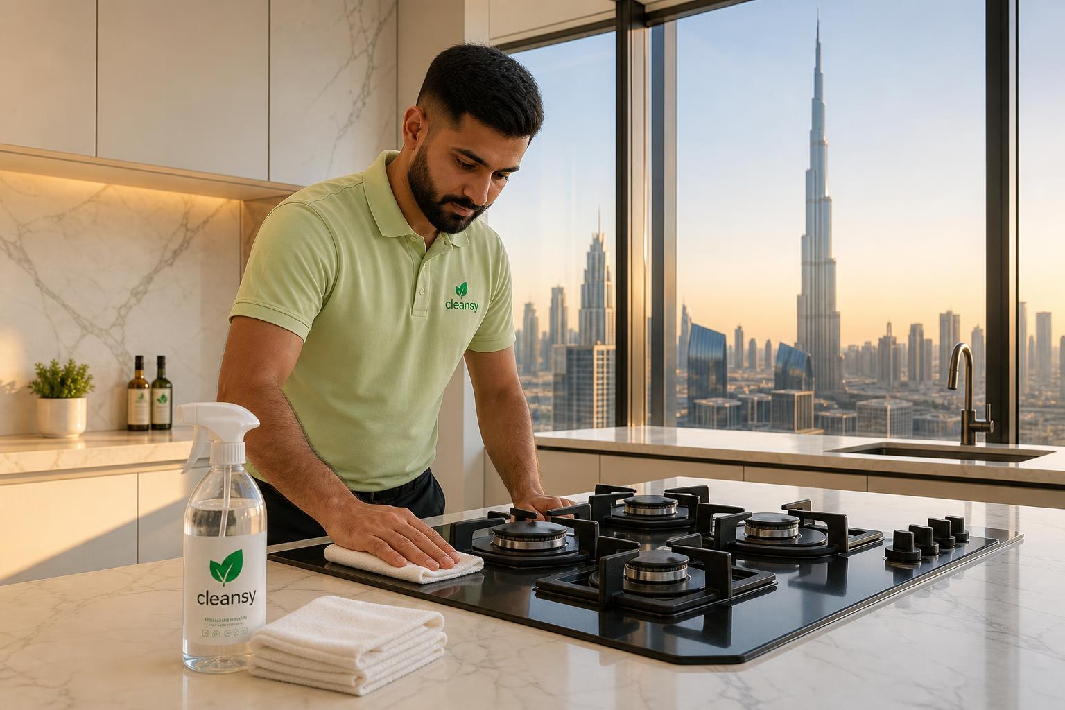 Cleansy cleaner deep cleaning a modern Dubai kitchen with eco-friendly products