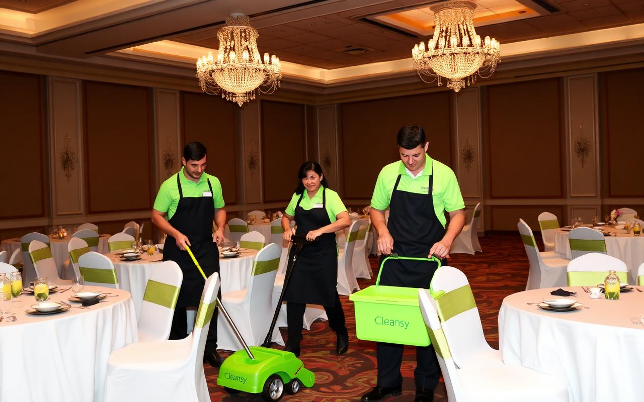 Three Cleansy event cleaners in lime green polos and dark aprons sweeping and tidying a Dubai ballroom between linen-draped tables under crystal chandeliers, with a green Cleansy cleaning caddy
