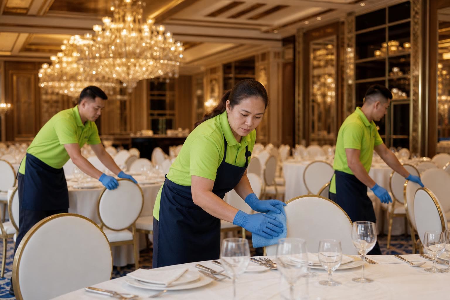 Three Cleansy Filipino event cleaners — one woman and two men — in lime-green polos and dark navy aprons cleaning a grand Dubai ballroom between white linen-draped tables under sparkling crystal chandeliers