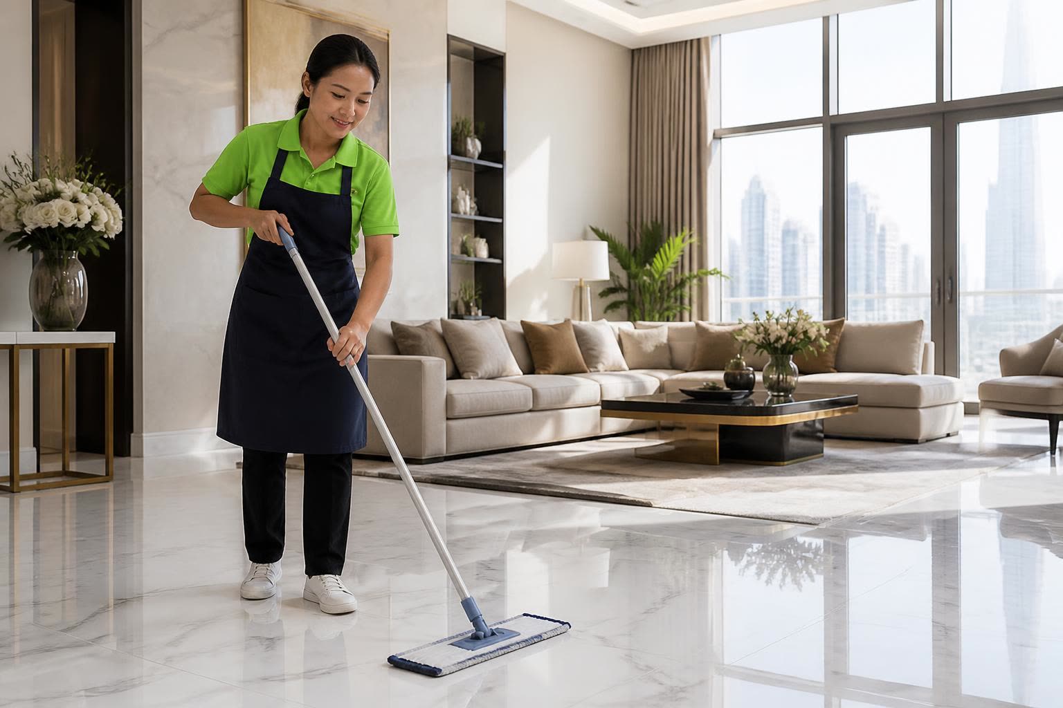 Filipino Cleansy cleaner in a lime-green polo and dark navy apron damp-mopping polished white marble floors in a sunlit modern Dubai villa living room