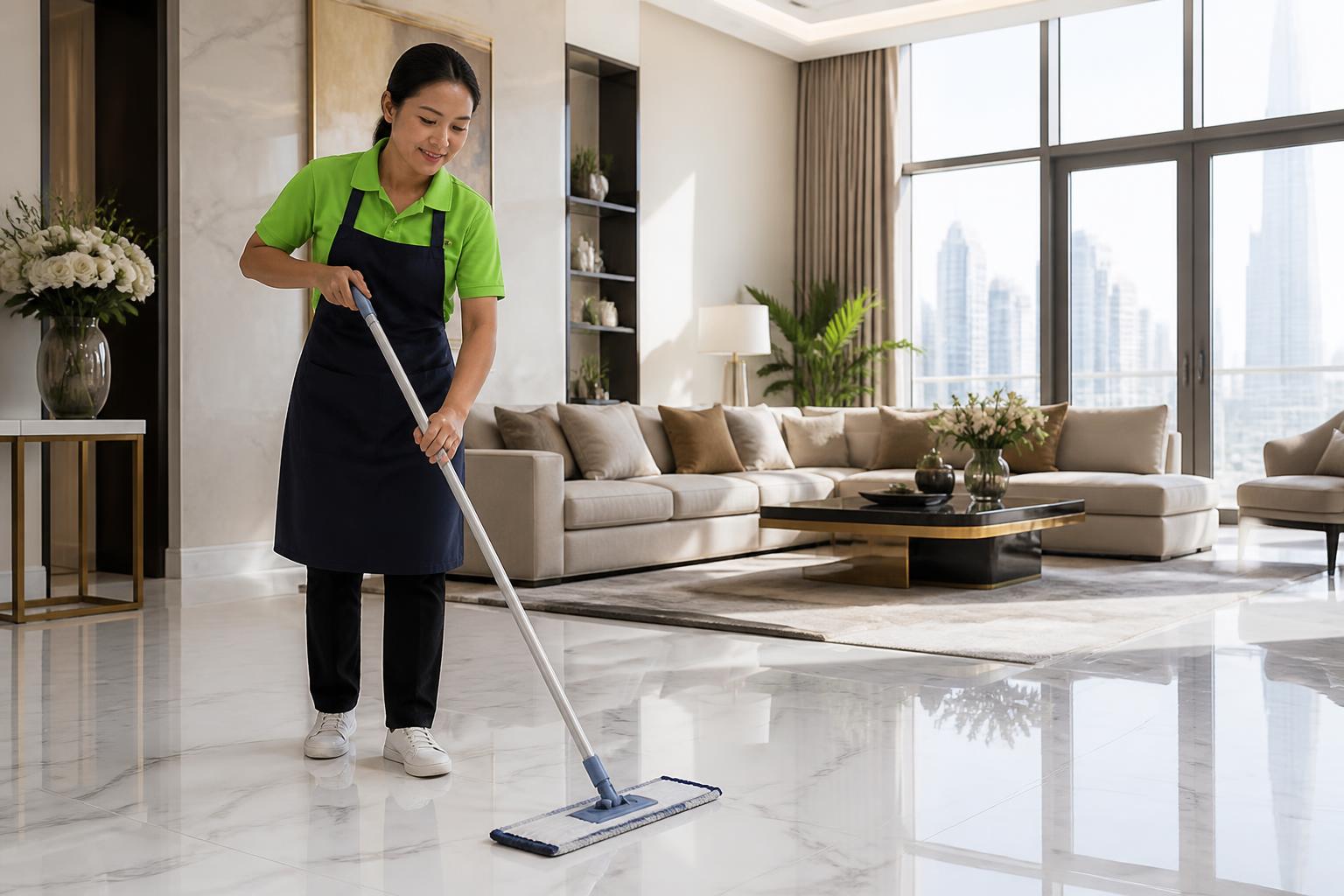 Filipino Cleansy cleaner in a lime-green polo and dark navy apron damp-mopping polished white marble floors in a sunlit modern Dubai villa living room