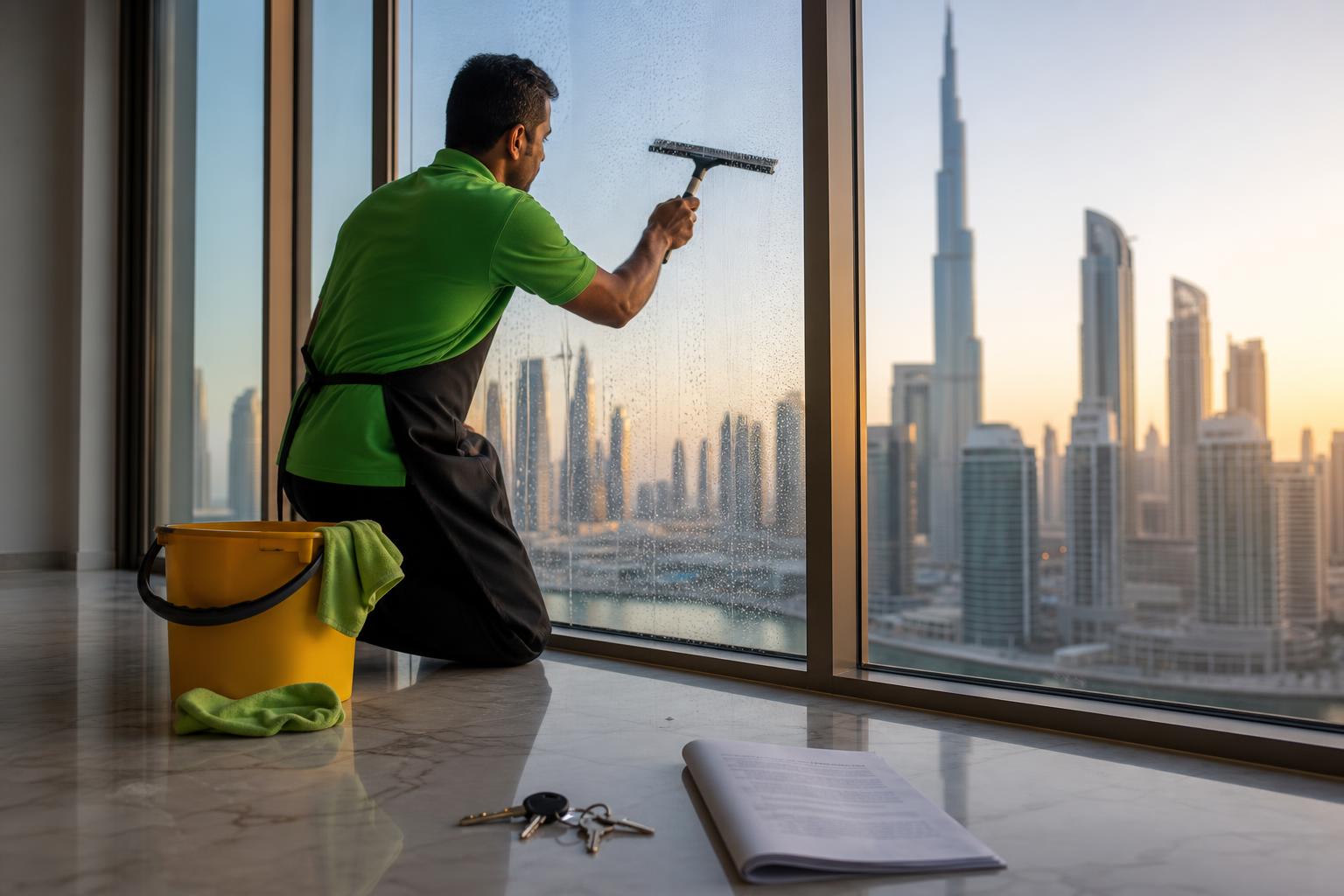 Cleansy cleaner in a green polo and dark apron squeegeeing a floor-to-ceiling window in an empty Dubai apartment at golden hour, with Burj Khalifa visible and apartment keys and a tenancy contract on the marble floor next to a yellow cleaning bucket