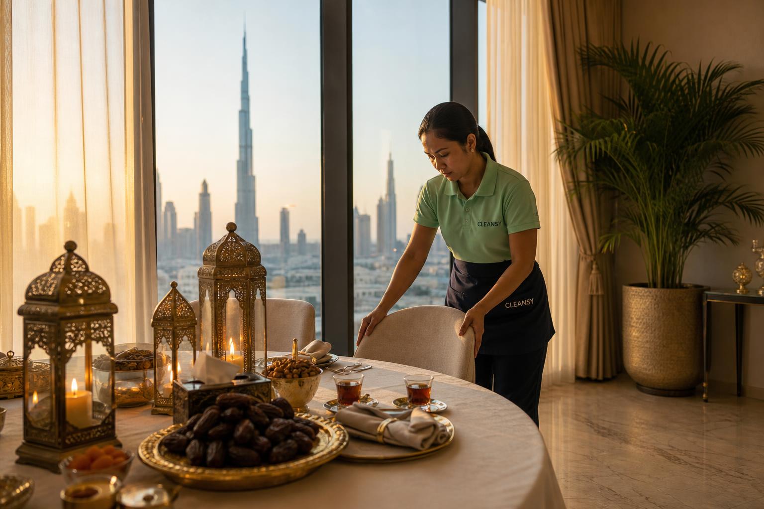 Cleansy cleaner in a light green polo and dark apron adjusting a chair at an elegant Dubai dining table set for Ramadan iftar with brass lanterns, dates, nuts and Arabic coffee, warm golden hour light streaming through floor-to-ceiling windows with Burj Khalifa visible in the distance