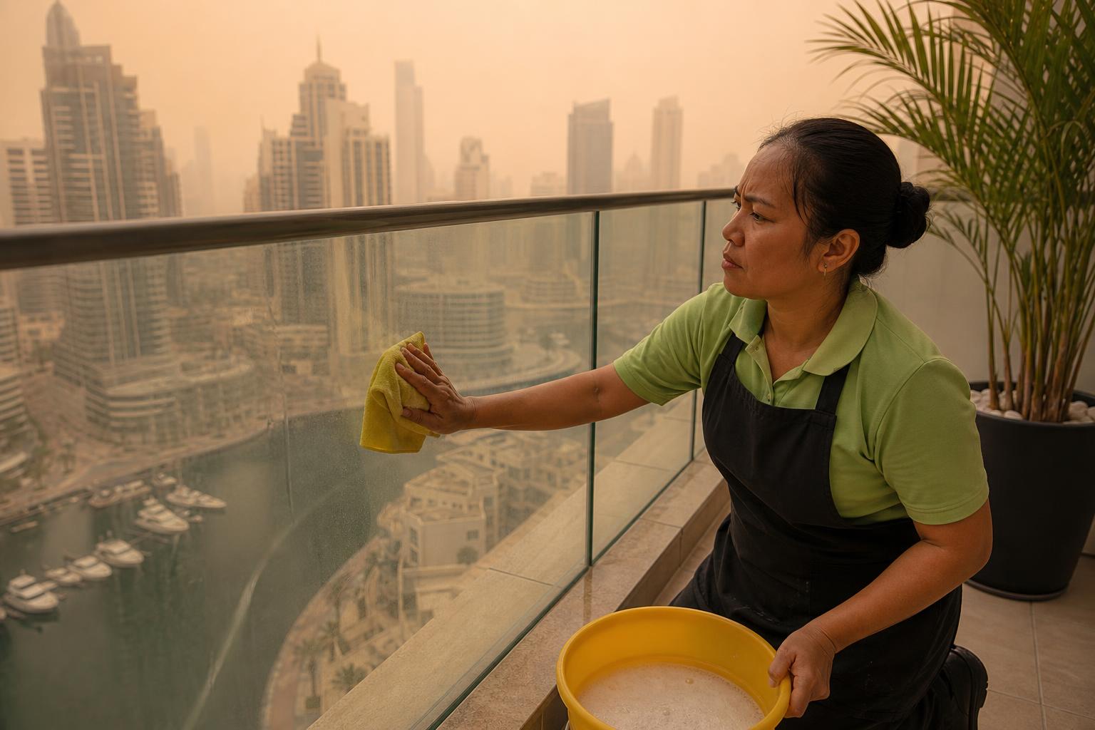 Cleansy Filipino woman cleaner in a light green polo wiping fine desert sand off a Dubai apartment balcony glass railing after a sandstorm, with the Dubai Marina skyline visible through the hazy dust-filled sky
