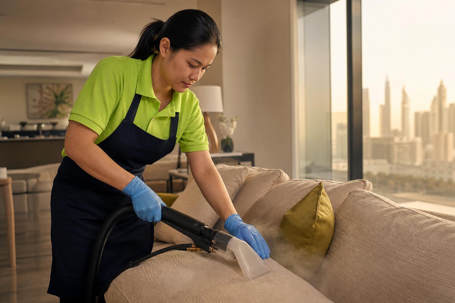 Cleansy Filipino woman cleaner in a lime-green polo and dark navy apron steam-cleaning a luxurious beige fabric sofa in a bright modern Dubai living room with warm late-afternoon light streaming through floor-to-ceiling windows