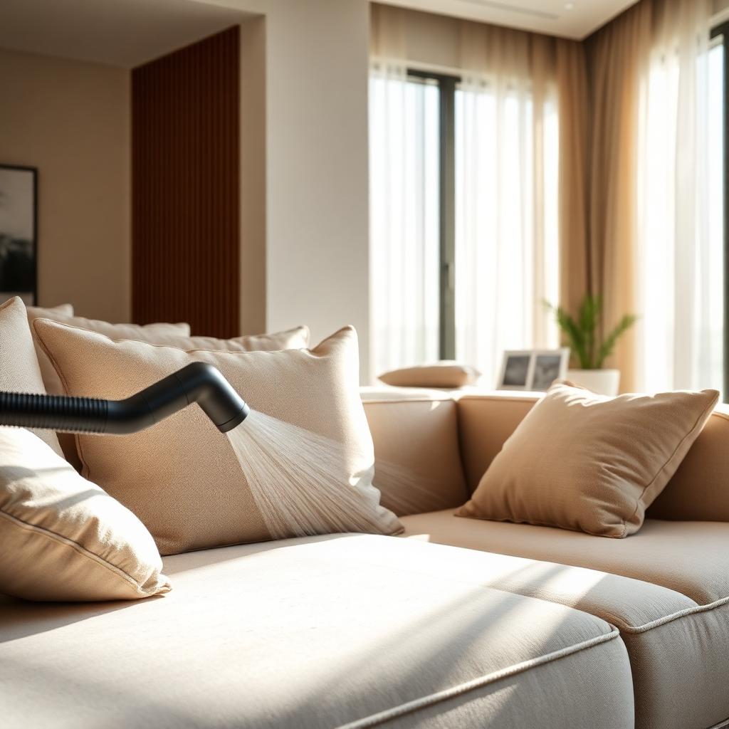 Close-up of a clean beige sofa with soft cushions being vacuumed in a warmly lit Dubai living room