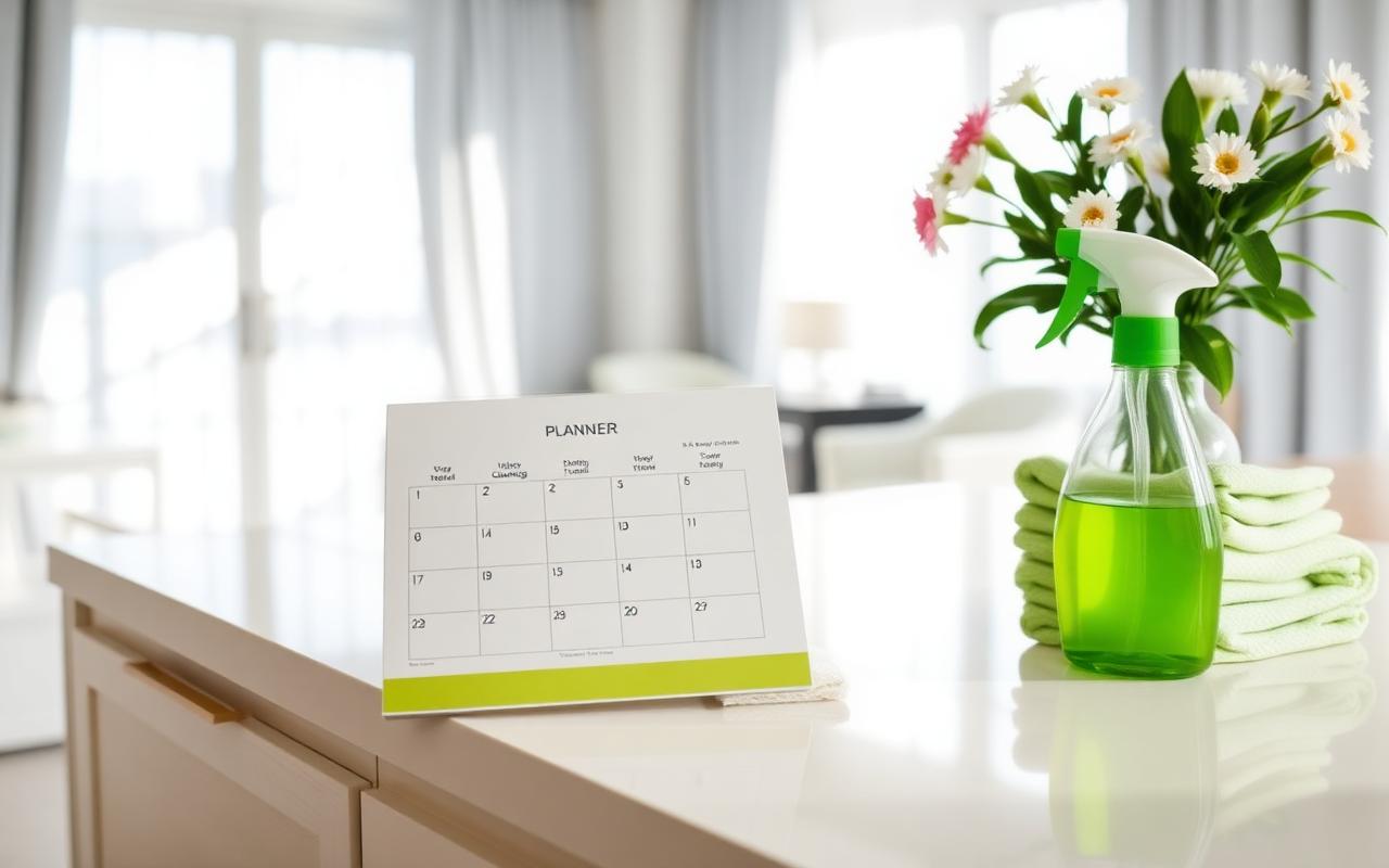 A planner with scheduled cleaning visits beside a green spray bottle and folded microfiber cloths on a bright Dubai kitchen island