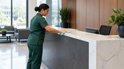Cleaner wiping the reception counter in a commercial building