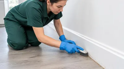 Cleaner removing dirt along an indoor floor edge