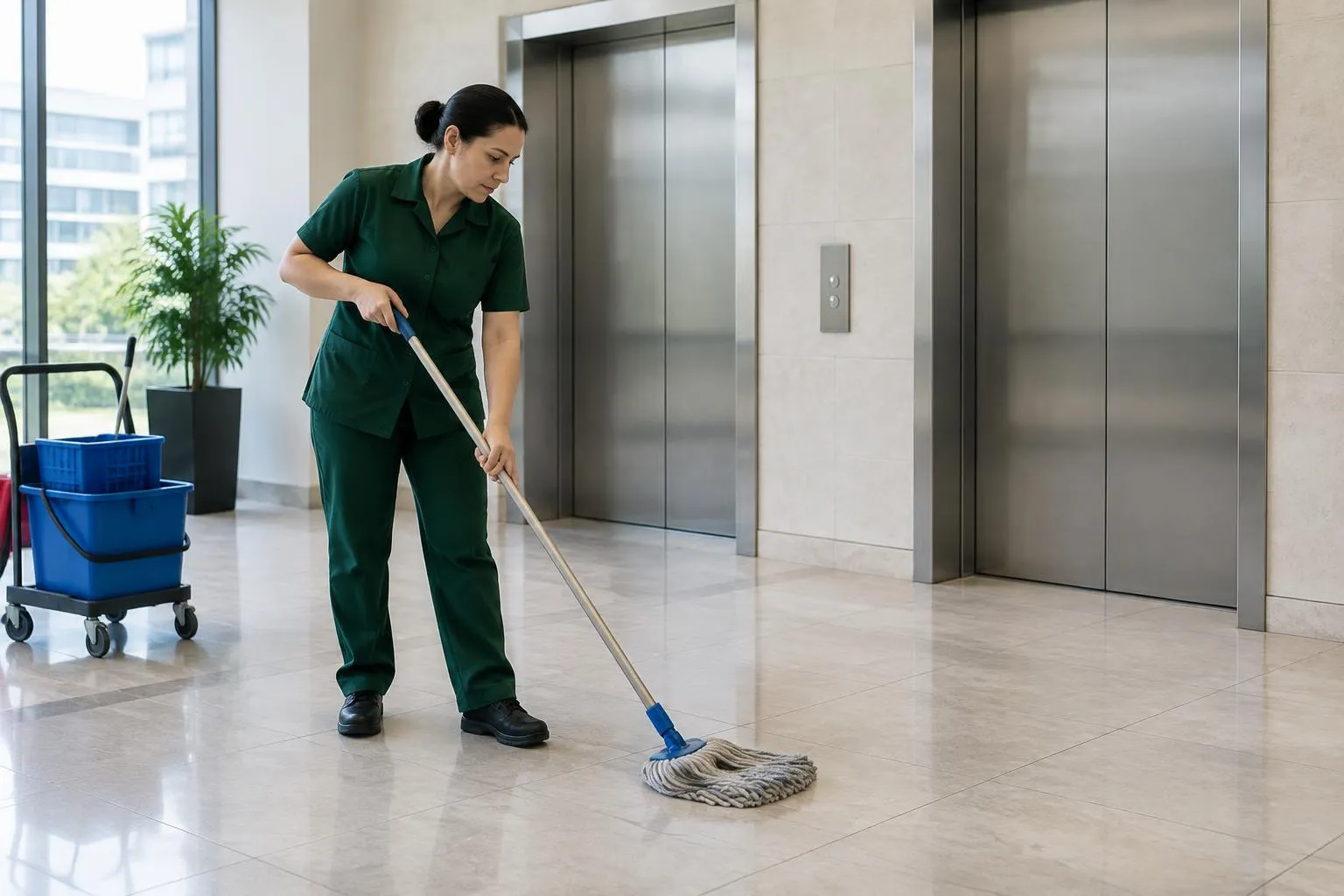 Cleaner mopping the floor near a building lift lobby