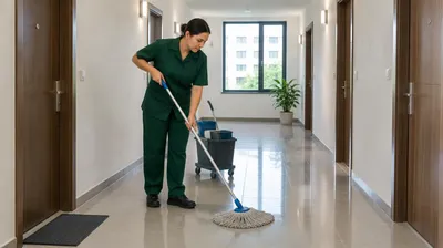 Cleaner mopping a corridor in a residential building