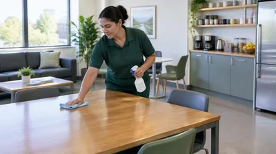 Cleaner wiping a table in a communal lounge