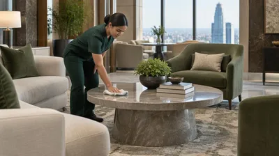 Cleaner wiping a table in a tower reception lounge