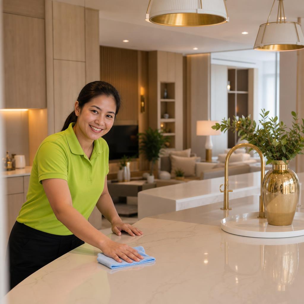 Smiling Filipino Cleansy cleaner deep cleaning a modern kitchen countertop in a Dubai apartment with eco-friendly products
