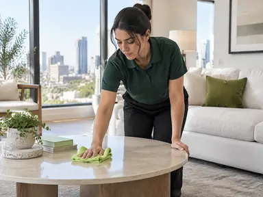 Cleaner wiping a table in an apartment living room