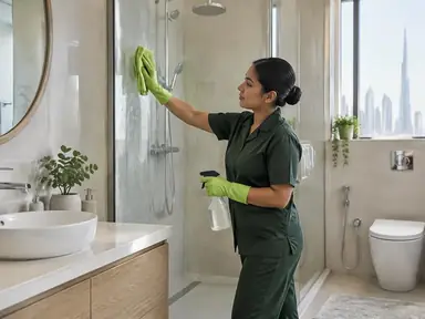 Cleaner wiping shower glass in a modern bathroom
