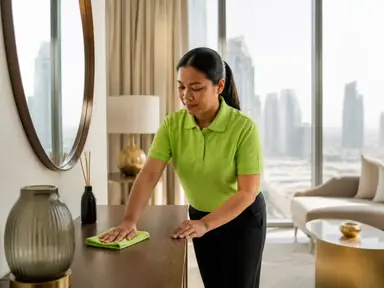 Cleaner wiping a table in an occupied home
