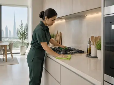 Cleaner wiping a hob surround in a bright kitchen