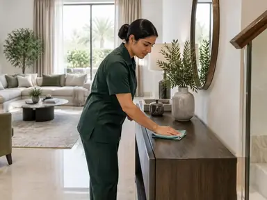 Cleaner wiping a console table in a villa living area