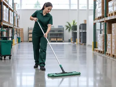 Cleaner mopping an accessible warehouse floor between storage aisles
