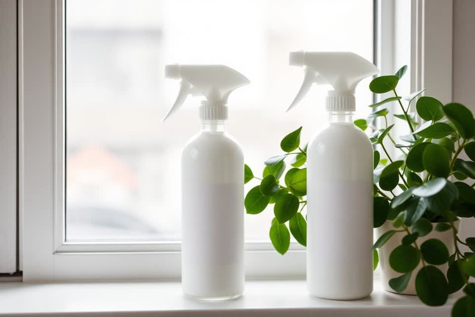 Two unlabelled spray bottles on a windowsill next to a green houseplant