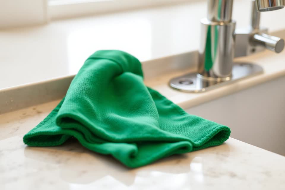 Green microfibre cloth resting on a wiped kitchen countertop beside a chrome tap