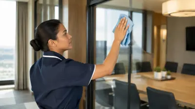 Cleaner wiping an interior glass partition