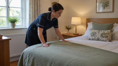 Cleaner preparing a guest house bedroom