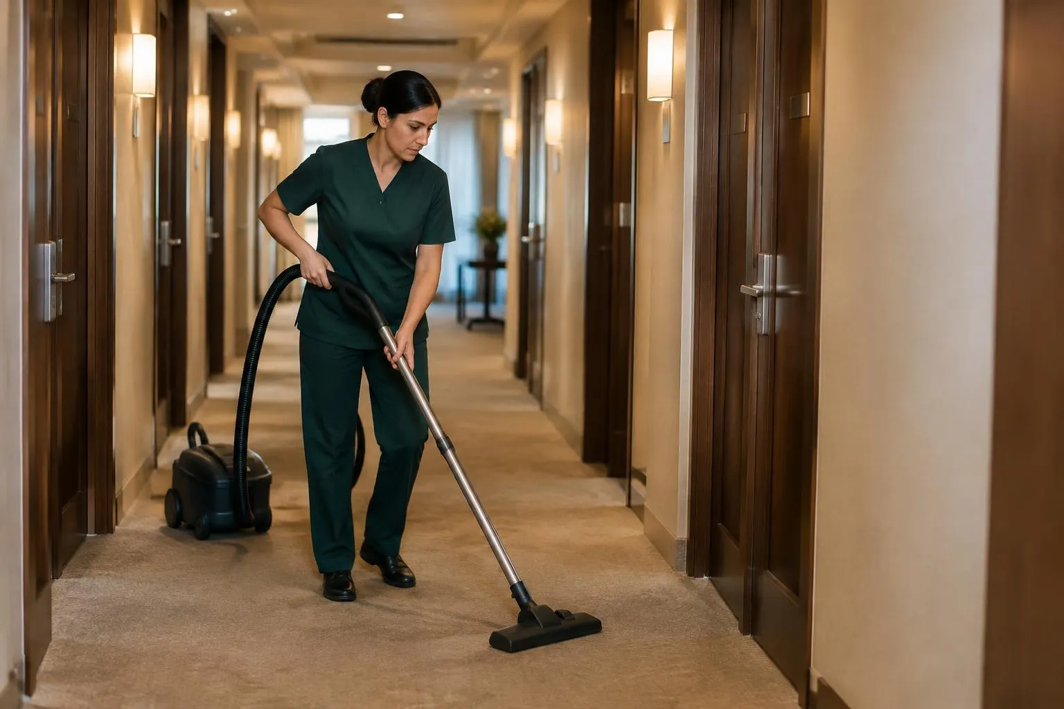 Cleaner vacuuming a hotel corridor