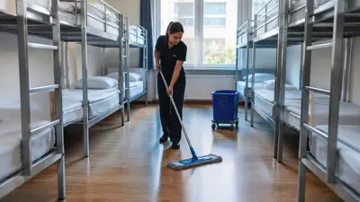 Cleaner mopping the floor between hostel beds