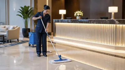 Cleaner mopping a hotel lobby floor