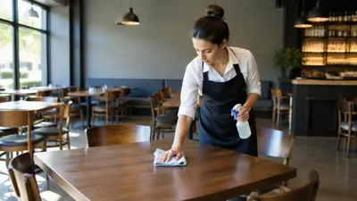 Cleaner wiping a restaurant dining table