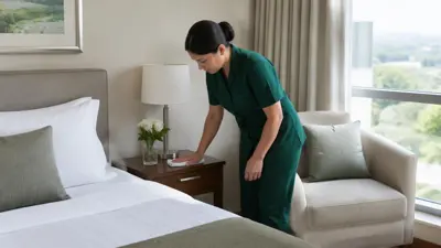 Cleaner wiping a bedside table in a guest room