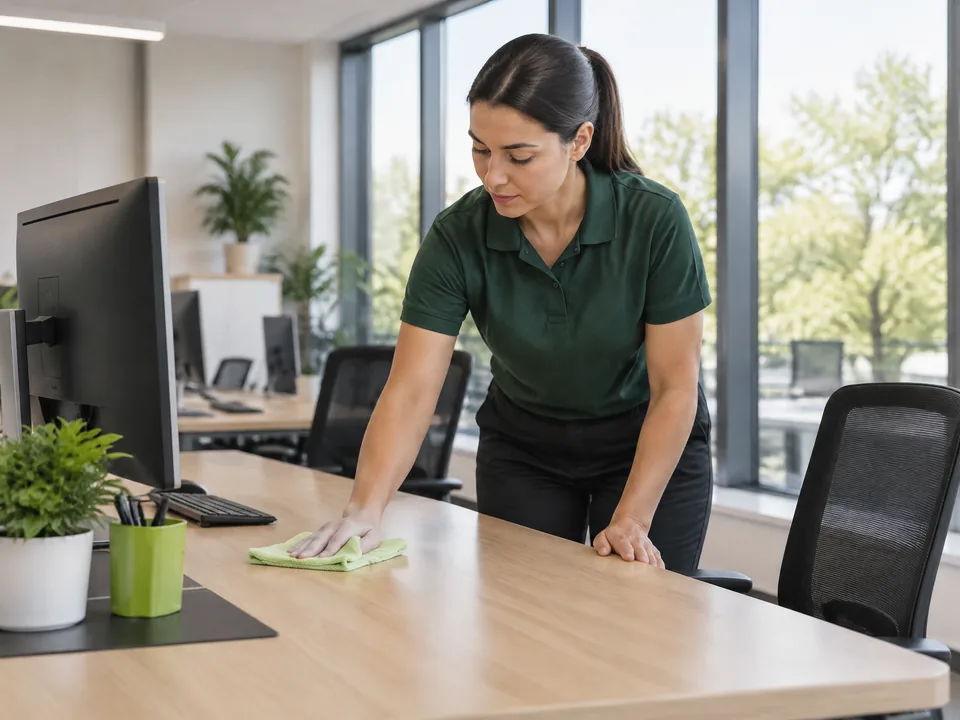 Cleaner wiping desks in a modern office with large windows