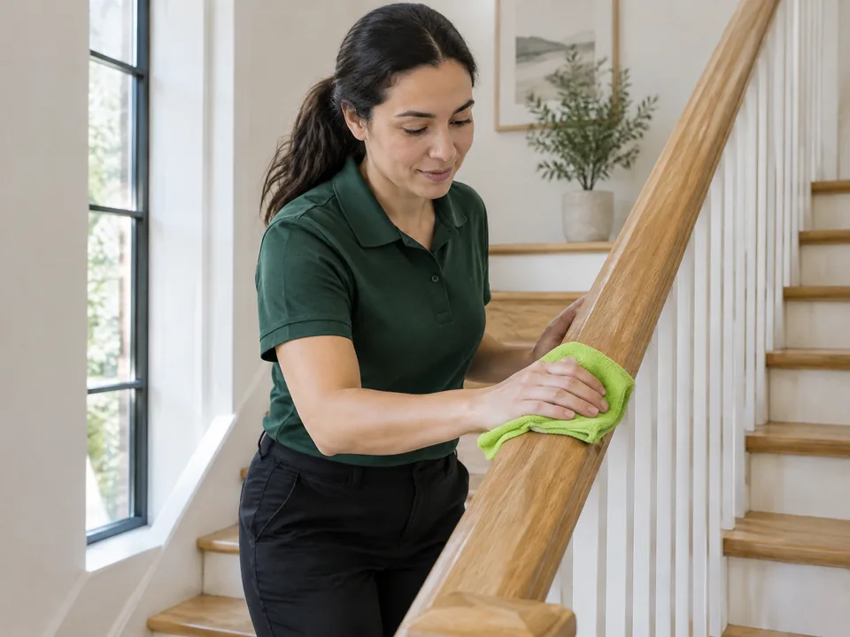Cleaner wiping a staircase handrail in a bright townhouse interior