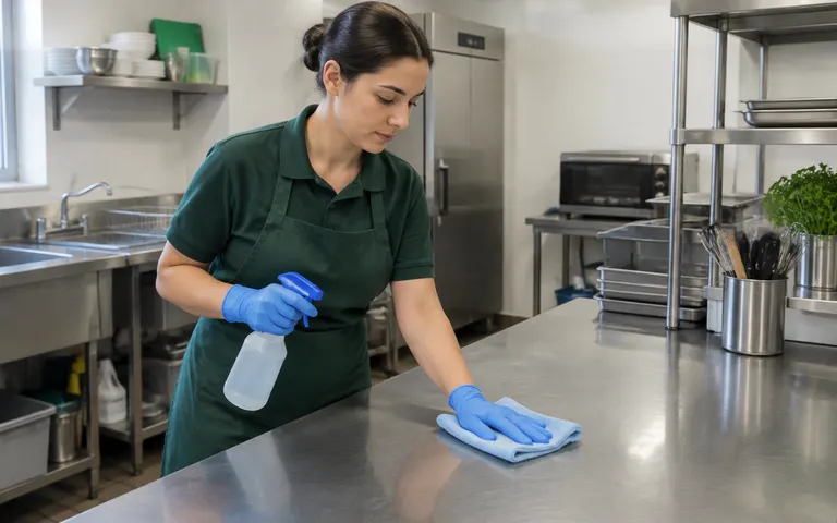 Cleaner wiping a stainless-steel work surface in a workplace kitchen