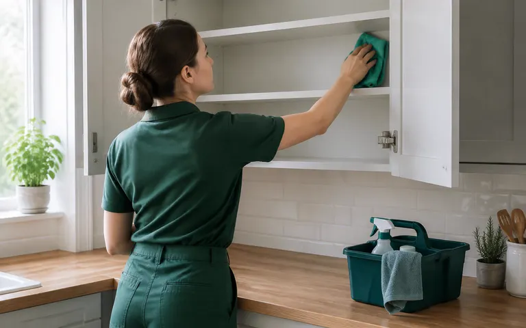 Cleaner wiping the inside of an empty kitchen cupboard