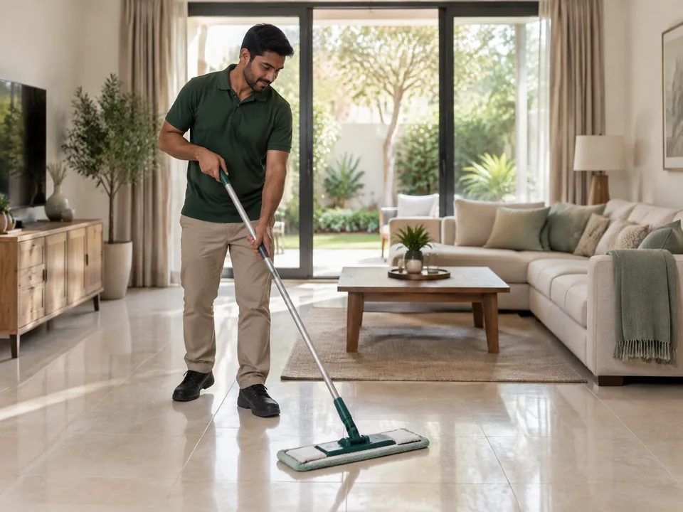 Cleaner mopping a tiled villa living room beside patio doors overlooking a garden