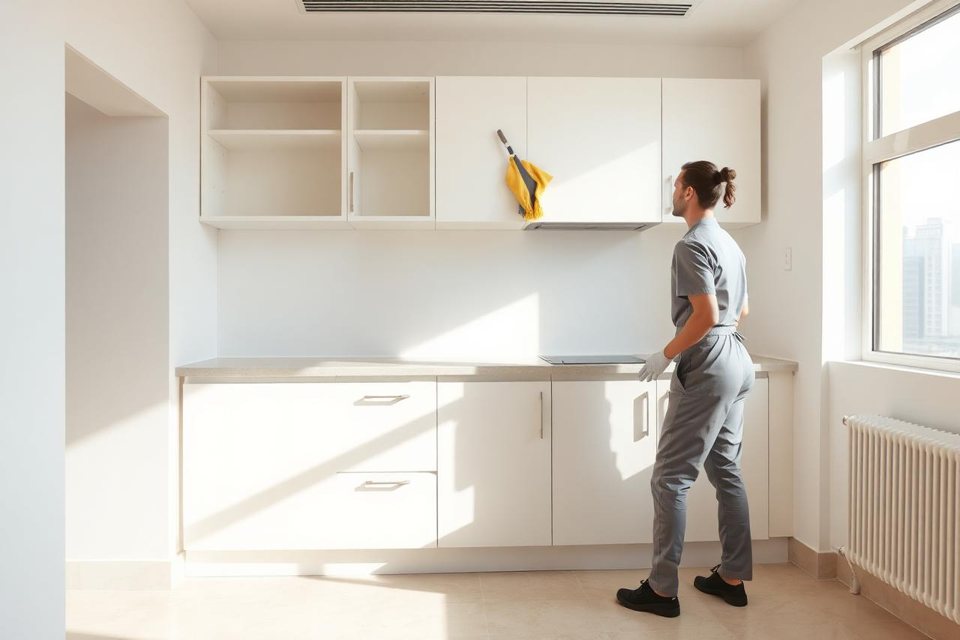 Cleaner wiping the inside of empty kitchen cabinets before move-in